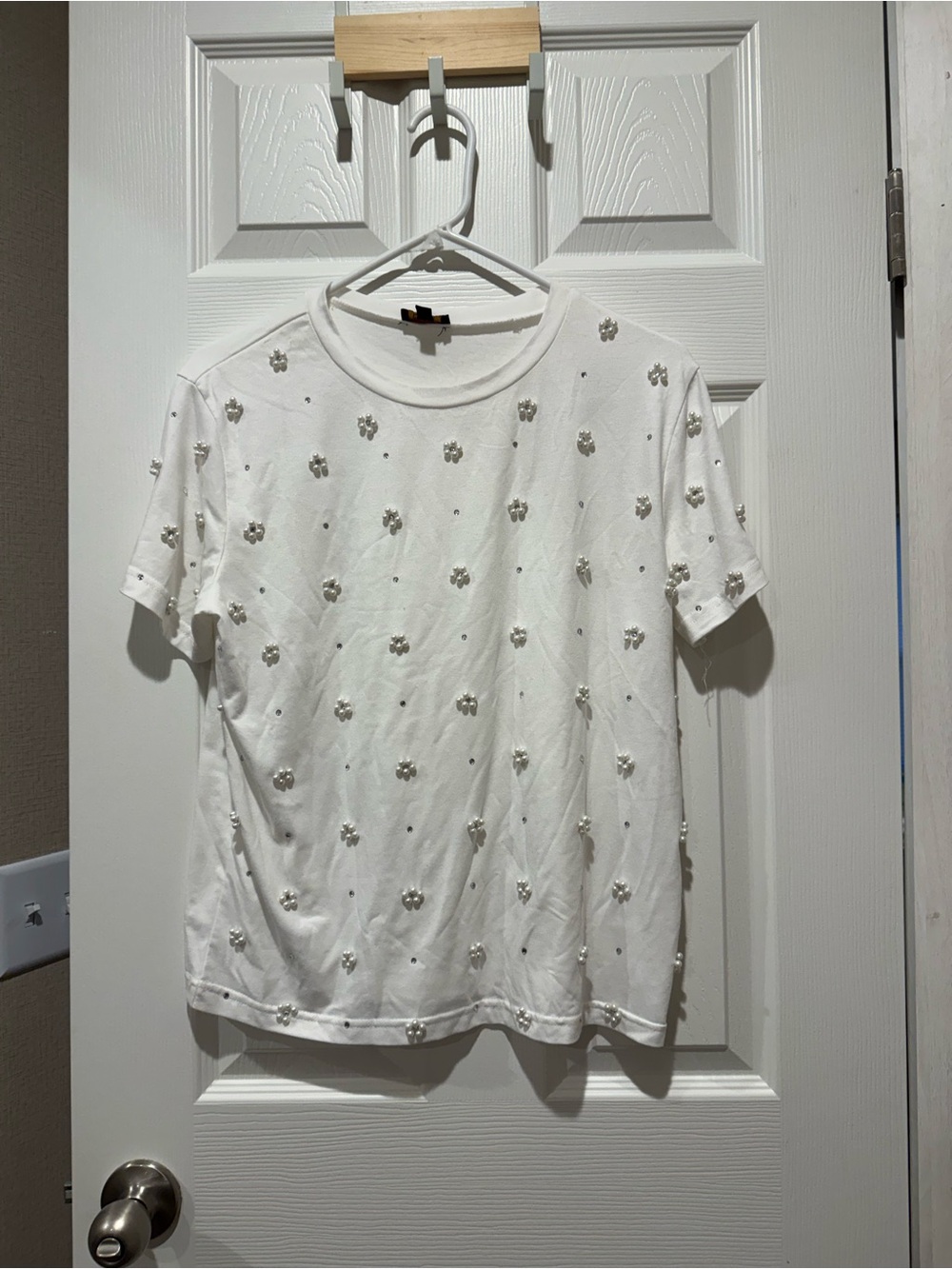 White Pearl-Embellished Short Sleeve Tee